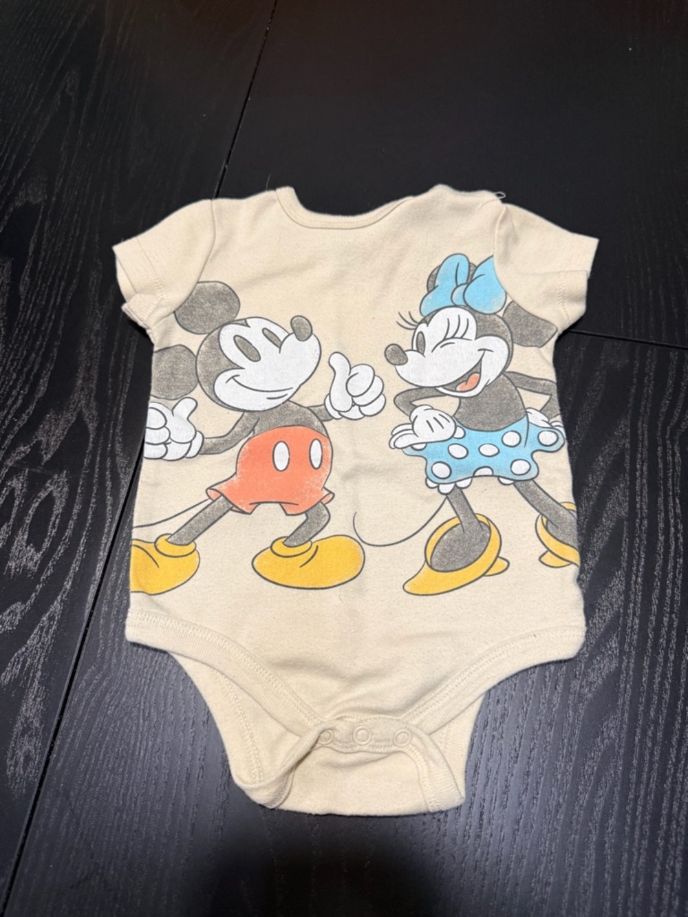 Disney Beige Mickey & Minnie Graphic One-Piece Bodysuit with Blue Bow